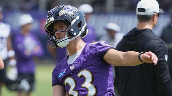 Jul 23, 2025; Owings Mills, MD, USA; Baltimore Ravens kicker Tyler Loop (33) warms up during training camp at Under Armour Performance Center. Mandatory Credit: Mitch Stringer-Imagn Images