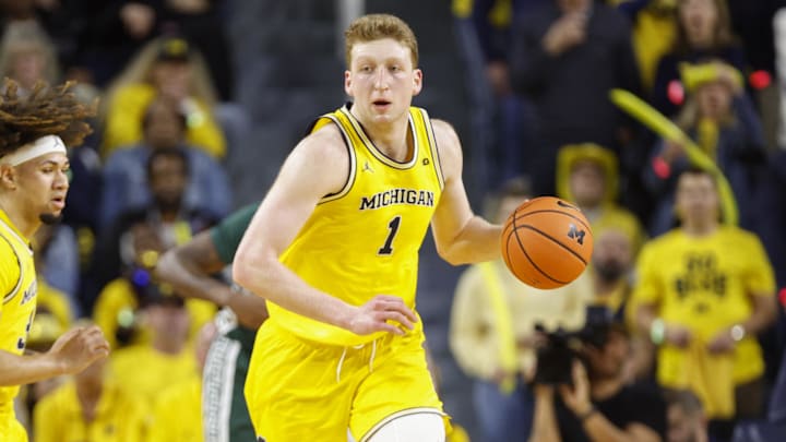 Feb 21, 2025; Ann Arbor, Michigan, USA; Michigan Wolverines center Danny Wolf (1) handles the ball during the first half at Crisler Center. Mandatory Credit: Brian Bradshaw Sevald-Imagn Images