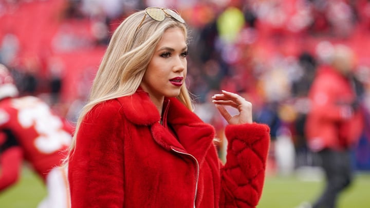 Dec 25, 2023; Kansas City, Missouri, USA; Gracie Hunt on field prior to a game between the Kansas City Chiefs and Las Vegas Raiders at GEHA Field at Arrowhead Stadium. 