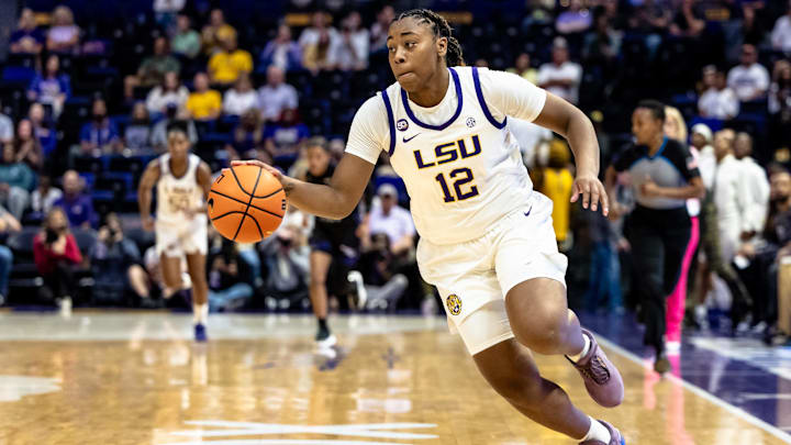 Nov 8, 2024; Baton Rouge, Louisiana, USA; LSU Lady Tigers guard Mikaylah Williams (12) brings the ball up court against the Northwestern State Lady Demons during the first half at Pete Maravich Assembly Center. Mandatory Credit: Stephen Lew-Imagn Images Nov 8, 2024; Baton Rouge, Louisiana, USA; LSU Lady Tigers guard Mikaylah Williams (12) brings the ball up court against the Northwestern State Lady Demons during the first half at Pete Maravich Assembly Center. Mandatory Credit: Stephen Lew-Imagn Images