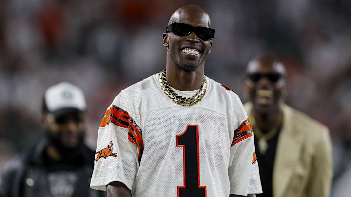 Sep 25, 2023; Cincinnati, Ohio, USA; Former Cincinnati Bengals player, Chad Johnson, walks on the