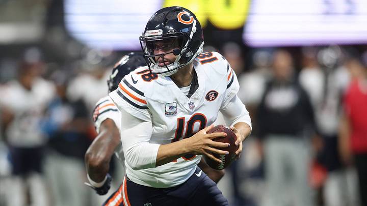 Oct 18, 2026; Atlanta, Georgia, USA;  Chicago Bears quarterback Caleb Williams (18) rolls out to throw the ball during the first quarter against the Atlanta Falcons at Mercedes-Benz Stadium.  Mandatory Credit: Brett Davis-Imagn Images