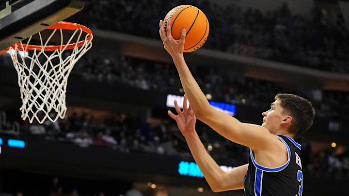 Mar 27, 2025; Newark, NJ, USA; Brigham Young Cougars guard Egor Demin (3) shoots the ball during the second half against the Alabama Crimson Tide during an East Regional semifinal of the 2025 NCAA tournament at Prudential Center. Mandatory Credit: Robert Deutsch-Imagn Images