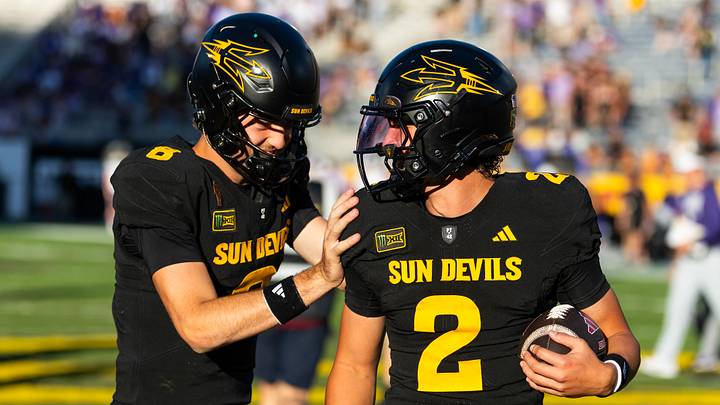 Oct 24, 2026; Tempe, Arizona, USA; Arizona State Sun Devils quarterback Jake Fette (2) celebrates with teammate Cutter Boley (8) after defeating the Kansas State Wildcats in the second half at Mountain America Stadium. Mandatory Credit: Mark J. Rebilas-Imagn Images Oct 24, 2026; Tempe, Arizona, USA; Arizona State Sun Devils quarterback Jake Fette (2) celebrates with teammate Cutter Boley (8) after defeating the Kansas State Wildcats in the second half at Mountain America Stadium. Mandatory Credit: Mark J. Rebilas-Imagn Images