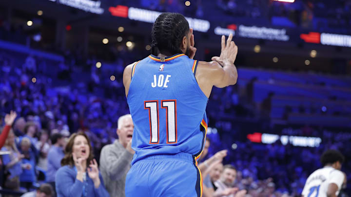 Feb 3, 2026; Oklahoma City, Oklahoma, USA; Oklahoma City Thunder guard Isaiah Joe (11) gestures after scoring a three point basket against the Orlando Magic during the second half at Paycom Center. Mandatory Credit: Alonzo Adams-Imagn Images