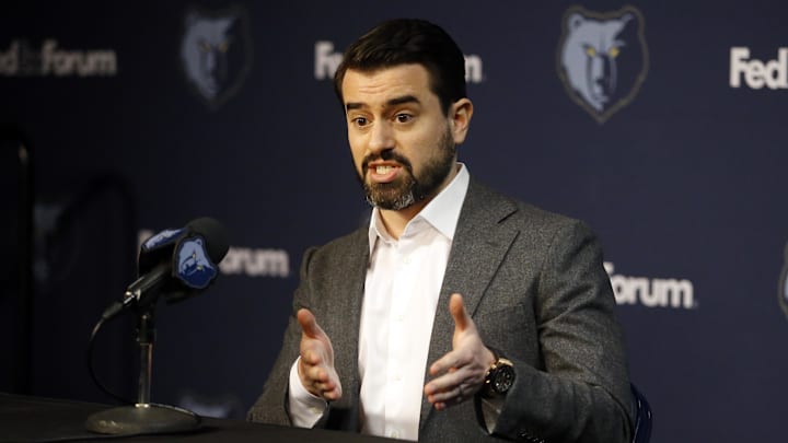 Oct 2, 2023; Memphis, TN, USA; Memphis Grizzlies general manager Zach Kleiman answers questions from media members during media day at FedEx Forum. Mandatory Credit: Petre Thomas-Imagn Images