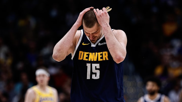 Mar 14, 2025; Denver, Colorado, USA; Denver Nuggets center Nikola Jokic (15) in the fourth quarter against the Los Angeles Lakers at Ball Arena. Mandatory Credit: Isaiah J. Downing-Imagn Images