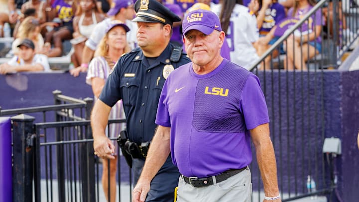 Sep 20, 2025; Baton Rouge, Louisiana, USA;  LSU Tigers head coach Brian Kelly looks on during warmups before the game against the Southeastern Louisiana Lions at Tiger Stadium. Mandatory Credit: Stephen Lew-Imagn Images Sep 20, 2025; Baton Rouge, Louisiana, USA;  LSU Tigers head coach Brian Kelly looks on during warmups before the game against the Southeastern Louisiana Lions at Tiger Stadium. Mandatory Credit: Stephen Lew-Imagn Images