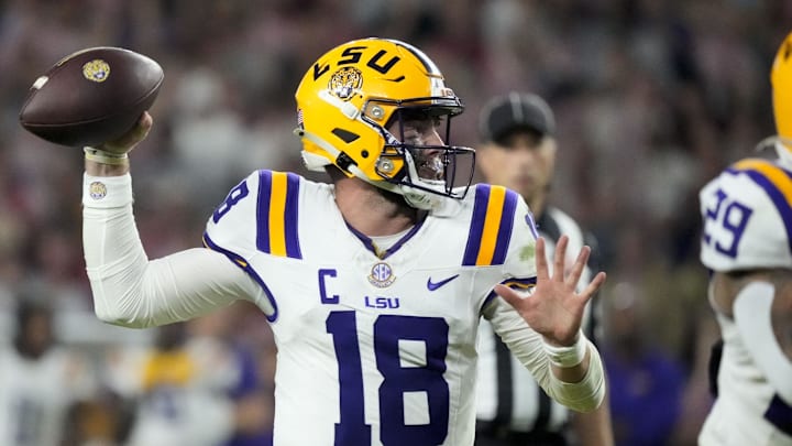 Nov 8, 2025; Tuscaloosa, Alabama, USA; LSU quarterback Garrett Nussmeier (18) throws a pass during the second half of the game with Alabama at Saban Field at Bryant-Denny Stadium. Alabama defeated LSU 20-9. Mandatory Credit: Gary Cosby Jr.-Imagn Images Nov 8, 2025; Tuscaloosa, Alabama, USA; LSU quarterback Garrett Nussmeier (18) throws a pass during the second half of the game with Alabama at Saban Field at Bryant-Denny Stadium. Alabama defeated LSU 20-9. Mandatory Credit: Gary Cosby Jr.-Imagn Images