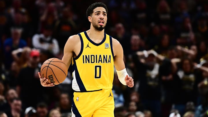 May 13, 2025; Cleveland, Ohio, USA; Indiana Pacers guard Tyrese Haliburton (0) brings the ball up court during the second half against the Cleveland Cavaliers in game five of the second round for the 2025 NBA Playoffs at Rocket Arena. Mandatory Credit: Ken Blaze-Imagn Images