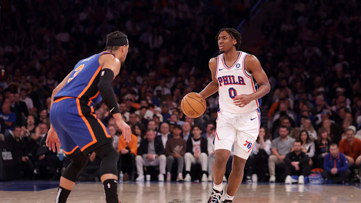 Apr 30, 2024; New York, New York, USA; Philadelphia 76ers guard Tyrese Maxey (0) brings the ball up court against New York Knicks guard Josh Hart (3) during the first quarter of game 5 of the first round of the 2024 NBA playoffs at Madison Square Garden. Mandatory Credit: Brad Penner-Imagn Images
