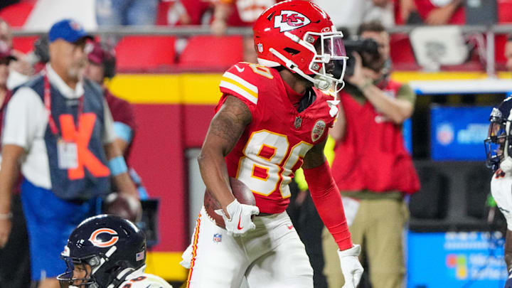 Aug 22, 2024; Kansas City, Missouri, USA; Kansas City Chiefs wide receiver Montrell Washington (80) celebrates after a catch against the Chicago Bears during the second half at GEHA Field at Arrowhead Stadium. Mandatory Credit: Denny Medley-Imagn Images