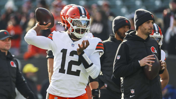 Jan 4, 2026; Cincinnati, Ohio, USA; Cleveland Browns quarterback Shedeur Sanders (12) participates in pregame warmups against the Cincinnati Bengals at Paycor Stadium. Mandatory Credit: Joseph Maiorana-Imagn Images