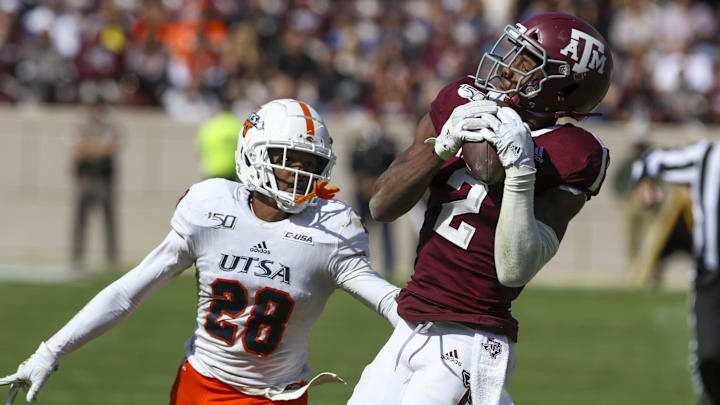 Nov 2, 2019; College Station, TX, USA; Texas A&M Aggies wide receiver Jhamon Ausbon (2) catches a pass over UTSA Roadrunners cornerback Cassius Grady (28) during the fourth quarter at Kyle Field. Mandatory Credit: John Glaser-Imagn Images Nov 2, 2019; College Station, TX, USA; Texas A&M Aggies wide receiver Jhamon Ausbon (2) catches a pass over UTSA Roadrunners cornerback Cassius Grady (28) during the fourth quarter at Kyle Field. Mandatory Credit: John Glaser-Imagn Images
