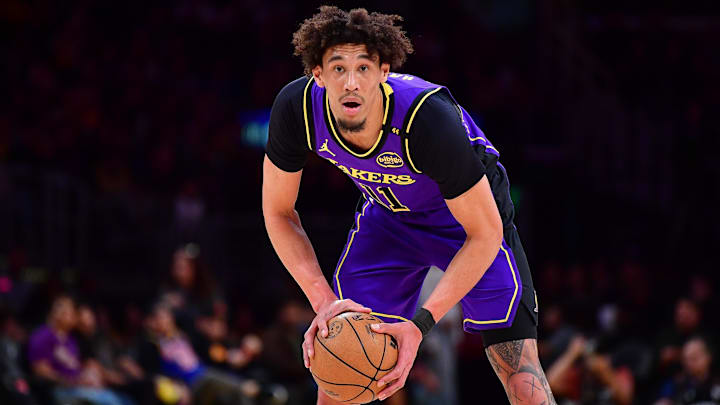Feb 6, 2025; Los Angeles, California, USA; Los Angeles Lakers center Jaxson Hayes (11) controls the ball against the Golden State Warriors during the first half at Crypto.com Arena. Feb 6, 2025; Los Angeles, California, USA; Los Angeles Lakers center Jaxson Hayes (11) controls the ball against the Golden State Warriors during the first half at Crypto.com Arena.