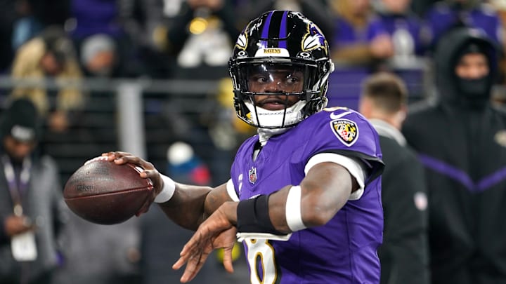 Baltimore Ravens quarterback Lamar Jackson warms up before an AFC wild card game against the Pittsburgh Steelers. Baltimore Ravens quarterback Lamar Jackson warms up before an AFC wild card game against the Pittsburgh Steelers.