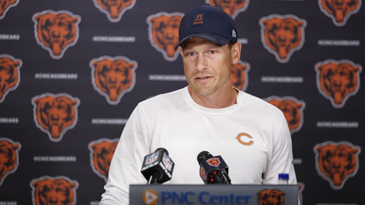 Aug 15, 2025; Lake Forest, IL, USA; Chicago Bears head coach Ben Johnson addresses the media at Halas Hall before joint training camp practice with the Buffalo Bills ahead of Sunday's preseason game. Mandatory Credit: Kamil Krzaczynski-Imagn Images Aug 15, 2025; Lake Forest, IL, USA; Chicago Bears head coach Ben Johnson addresses the media at Halas Hall before joint training camp practice with the Buffalo Bills ahead of Sunday's preseason game. Mandatory Credit: Kamil Krzaczynski-Imagn Images