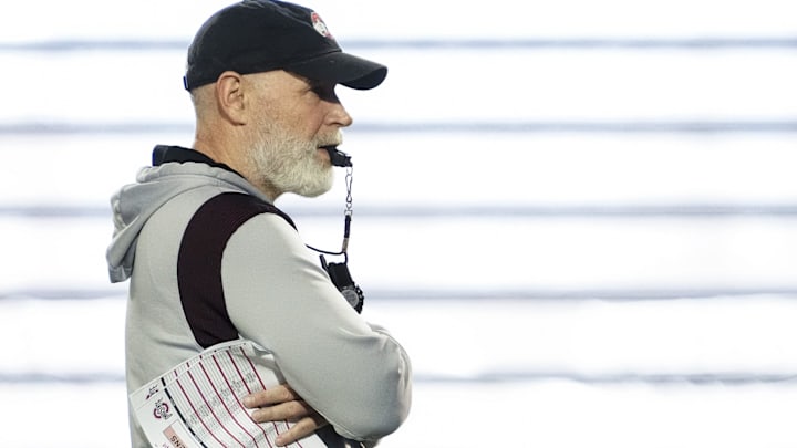 Ohio State Buckeyes defensive coordinator Jim Knowles watches his team work out during spring football practice at the Woody Hayes Athletic Center.