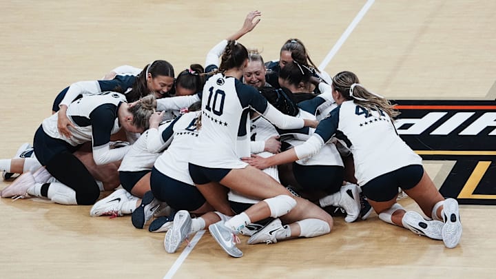 The Penn State women's volleyball team celebrates its win over Louisville for the 2024 NCAA championship. The Penn State women's volleyball team celebrates its win over Louisville for the 2024 NCAA championship.
