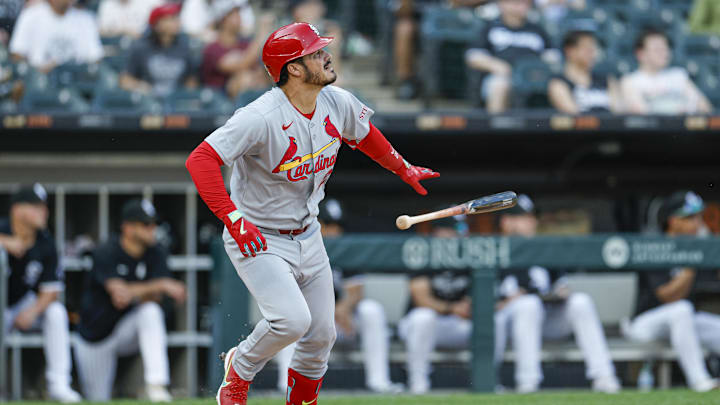 Jun 19, 2025; Chicago, Illinois, USA; St. Louis Cardinals third baseman Nolan Arenado (28) hits a solo home run against the Chicago White Sox during the third inning of game two of a doubleheader at Rate Field. Mandatory Credit: Kamil Krzaczynski-Imagn Images