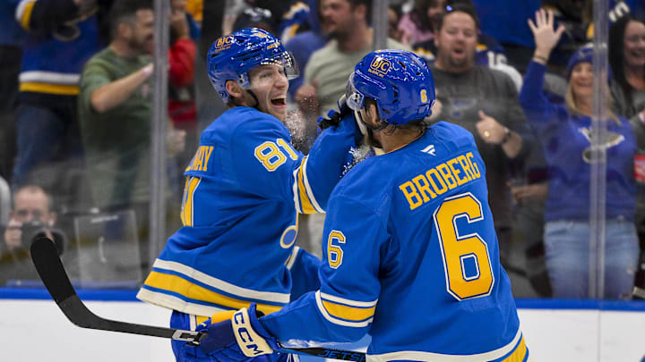 Oct 19, 2024; St. Louis, Missouri, USA;  St. Louis Blues center Dylan Holloway (81) celebrates with defenseman Philip Broberg (6) after scoring against the Carolina Hurricanes during the second period at Enterprise Center. Mandatory Credit: Jeff Curry-Imagn Images