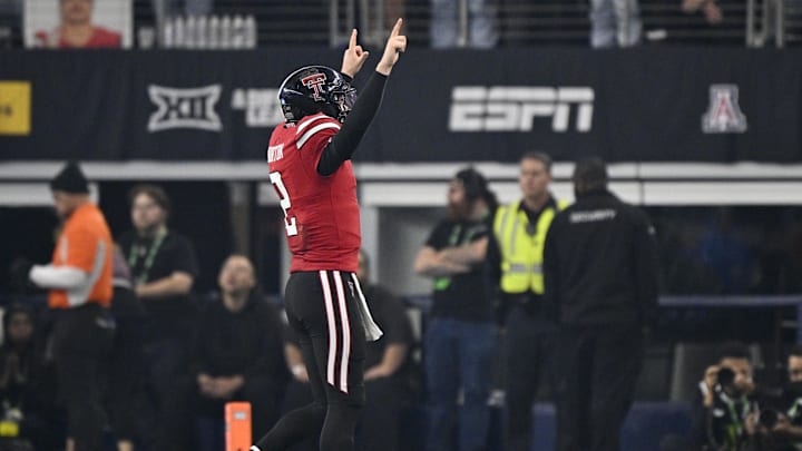 Dec 6, 2025; Arlington, TX, USA; Texas Tech Red Raiders quarterback Behren Morton (2) walks off the field during the second half against the BYU Cougars at AT&T Stadium. Mandatory Credit: Jerome Miron-Imagn Images