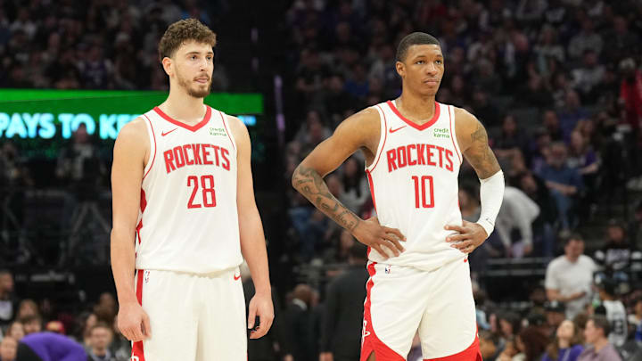 Mar 10, 2024; Sacramento, California, USA; Houston Rockets center Alperen Sengun (28) and forward Jabari Smith Jr. (10) stand on the court during the third quarter against the Sacramento Kings at Golden 1 Center. Mandatory Credit: Darren Yamashita-Imagn Images Mar 10, 2024; Sacramento, California, USA; Houston Rockets center Alperen Sengun (28) and forward Jabari Smith Jr. (10) stand on the court during the third quarter against the Sacramento Kings at Golden 1 Center. Mandatory Credit: Darren Yamashita-Imagn Images