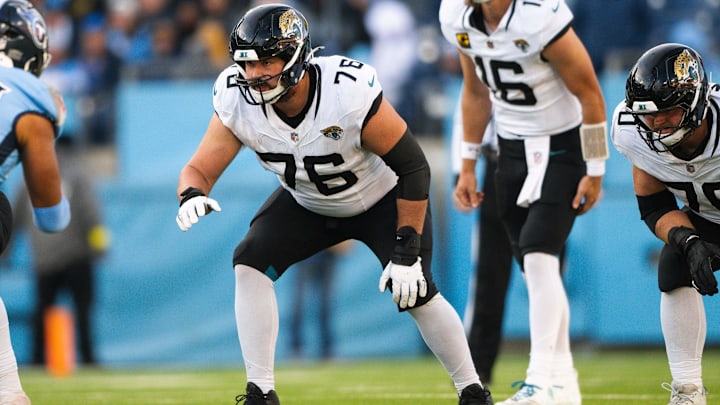 Jacksonville Jaguars guard Ezra Cleveland. Jacksonville Jaguars guard Ezra Cleveland.