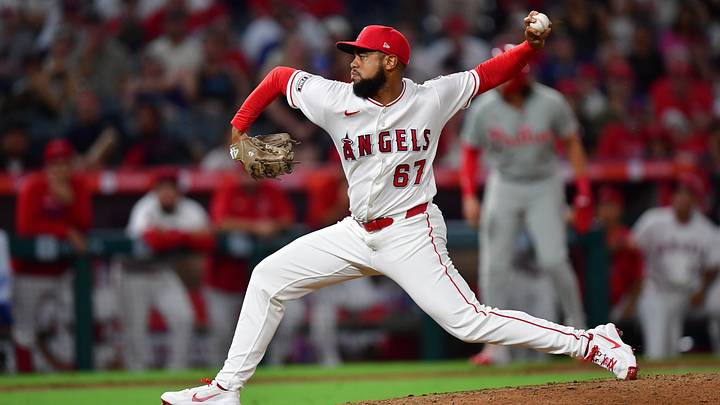 Aug 28, 2026; Anaheim, California, USA; Los Angeles Angels pitcher Sammy Peralta (67) throws against the Los Angeles Angels during the ninth inning at Angel Stadium. Mandatory Credit: Gary A. Vasquez-Imagn Images Aug 28, 2026; Anaheim, California, USA; Los Angeles Angels pitcher Sammy Peralta (67) throws against the Los Angeles Angels during the ninth inning at Angel Stadium. Mandatory Credit: Gary A. Vasquez-Imagn Images