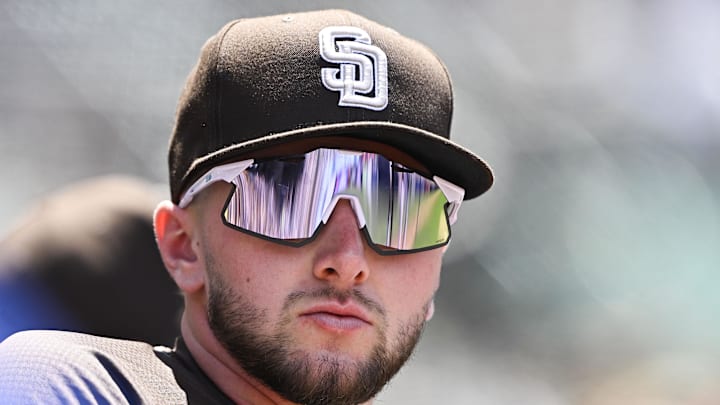 Apr 27, 2025; San Diego, California, USA; San Diego Padres outfielder Jackson Merrill (3) during the third inning against the Tampa Bay Rays at Petco Park. Mandatory Credit: Denis Poroy-Imagn Images