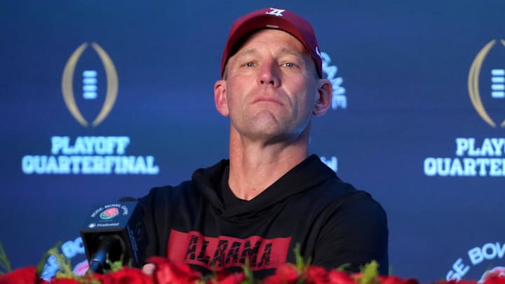 Jan 1, 2026; Pasadena, CA, USA; Alabama Crimson Tide head coach Kalen DeBoer speaks in a press conference after the 2026 Rose Bowl and quarterfinal game of the College Football Playoff at Rose Bowl Stadium. Mandatory Credit: Kirby Lee-Imagn Images