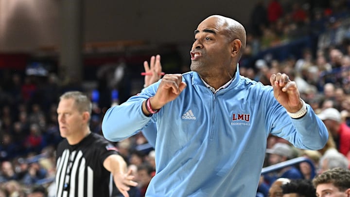 Feb 6, 2025; Spokane, Washington, USA; Loyola Marymount Lions head coach Stan Johnson reacts after a play against the Gonzaga Bulldogs in the first half at McCarthey Athletic Center