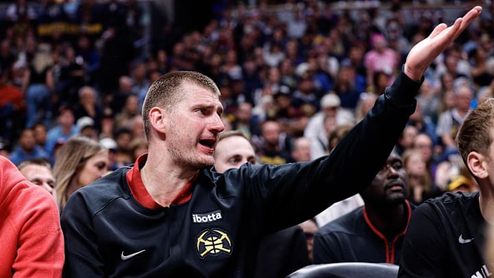 May 6, 2024; Denver, Colorado, USA; Denver Nuggets center Nikola Jokic (15) reacts from the bench 