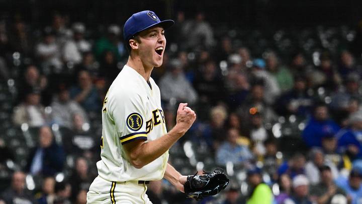 May 13, 2026; Milwaukee, Wisconsin, USA; Milwaukee Brewers starting pitcher Jacob Misiorowski (32) reacts after retiring the side in the seventh inning against the San Diego Padres at American Family Field. Mandatory Credit: Benny Sieu-Imagn Images