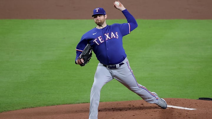 Oct 15, 2023; Houston, Texas, USA; Texas Rangers pitcher Jordan Montgomery (52) throws during the