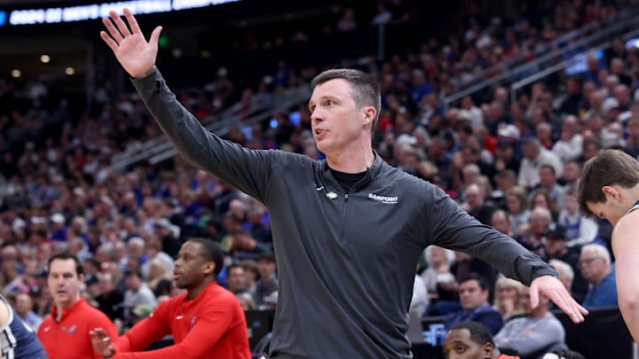 Mar 21, 2024; Salt Lake City, UT, USA; Samford Bulldogs head coach Bucky McMillan during the first half in the first round of the 2024 NCAA Tournament against the Samford Bulldogs at Vivint Smart Home Arena-Delta Center. Mandatory Credit: Rob Gray-Imagn Images