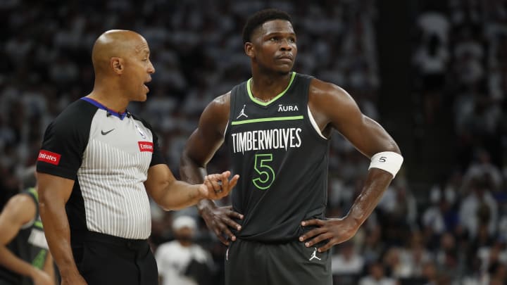 May 30, 2024; Minneapolis, Minnesota, USA; NBA referee Marc Davis (8) talks to Minnesota Timberwolves guard Anthony Edwards (5) during the second quarter in game five of the western conference finals for the 2024 NBA playoffs against the Dallas Mavericks at Target Center. Mandatory Credit: Bruce Kluckhohn-USA TODAY Sports May 30, 2024; Minneapolis, Minnesota, USA; NBA referee Marc Davis (8) talks to Minnesota Timberwolves guard Anthony Edwards (5) during the second quarter in game five of the western conference finals for the 2024 NBA playoffs against the Dallas Mavericks at Target Center. Mandatory Credit: Bruce Kluckhohn-USA TODAY Sports