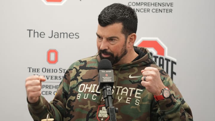 Ohio State Football coach Ryan Day gestures during an April 7, 2025 news conference at the Woody Hayes Athletic Center.