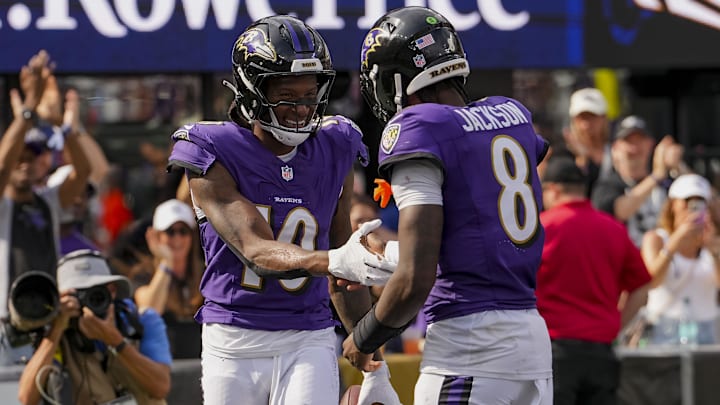 Sep 14, 2025; Baltimore, Maryland, USA; Baltimore Ravens wide receiver DeAndre Hopkins (10) makes a catch for a touchdown during the fourth quarter at M&T Bank Stadium. Mandatory Credit: Mitch Stringer-Imagn Images