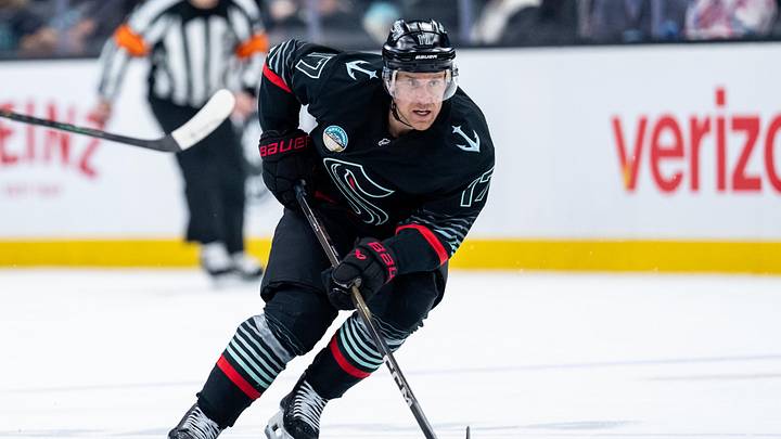 Apr 9, 2026; Seattle, Washington, USA;  Seattle Kraken forward Jaden Schwartz (17) skates with the puck against the Vegas Golden Knights at Climate Pledge Arena. Mandatory Credit: Stephen Brashear-Imagn Images