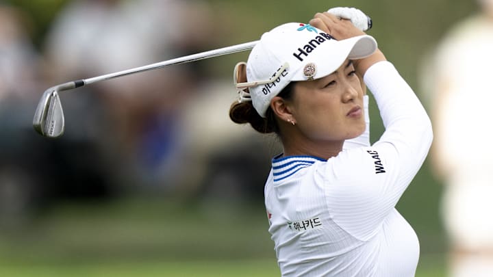 Sep 10, 2023; Cincinnati, Ohio, USA; Minjee Lee, of Australia, hits an approach shot on the 17th hole during the 2023 Kroger Queen City Championship in at Kenwood Country Club. Mandatory Credit: Albert Cesare-USA TODAY Sports