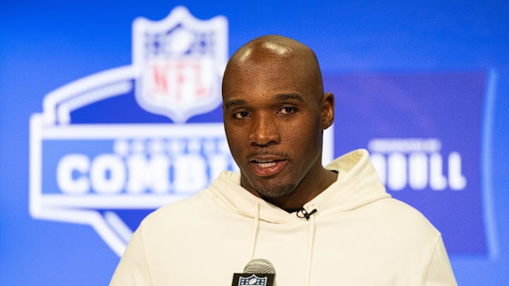Feb 27, 2024; Indianapolis, IN, USA; Houston Texans head coach DeMeco Ryans talks to the media at the 2024 NFL Combine at Indiana Convention Center. Mandatory Credit: Trevor Ruszkowski-Imagn Images