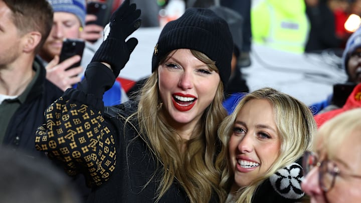 Recording artist Taylor Swift and Brittany Mahomes react after the AFC Championship game against the Buffalo Bills at GEHA Field at Arrowhead Stadium. Recording artist Taylor Swift and Brittany Mahomes react after the AFC Championship game against the Buffalo Bills at GEHA Field at Arrowhead Stadium.