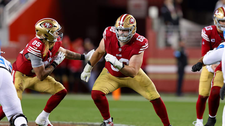 Dec 30, 2024; Santa Clara, California, USA; San Francisco 49ers offensive tackle Colton McKivitz (68) during the game against the Detroit Lions at Levi's Stadium. Mandatory Credit: Sergio Estrada-Imagn Images Dec 30, 2024; Santa Clara, California, USA; San Francisco 49ers offensive tackle Colton McKivitz (68) during the game against the Detroit Lions at Levi's Stadium. Mandatory Credit: Sergio Estrada-Imagn Images