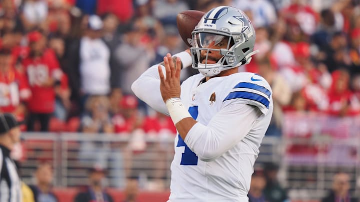 Dallas Cowboys quarterback Dak Prescott throws the ball during warm ups before the game against the San Francisco 49ers at Levi's Stadium.
