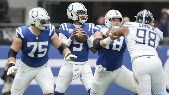 Oct 8, 2023; Indianapolis, Indiana, USA; Indianapolis Colts quarterback Anthony Richardson (5) draws back to pass during a game against the Tennessee Titans at Lucas Oil Stadium. Mandatory Credit: Bob Scheer-Imagn Images Oct 8, 2023; Indianapolis, Indiana, USA; Indianapolis Colts quarterback Anthony Richardson (5) draws back to pass during a game against the Tennessee Titans at Lucas Oil Stadium. Mandatory Credit: Bob Scheer-Imagn Images
