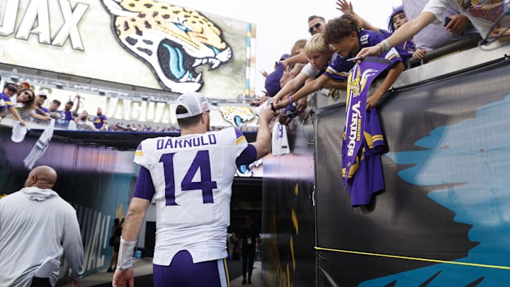 Nov 10, 2024; Jacksonville, Florida, USA; Minnesota Vikings quarterback Sam Darnold (14) heads into the tunnel after the game against the Jacksonville Jaguars at EverBank Stadium. Nov 10, 2024; Jacksonville, Florida, USA; Minnesota Vikings quarterback Sam Darnold (14) heads into the tunnel after the game against the Jacksonville Jaguars at EverBank Stadium.