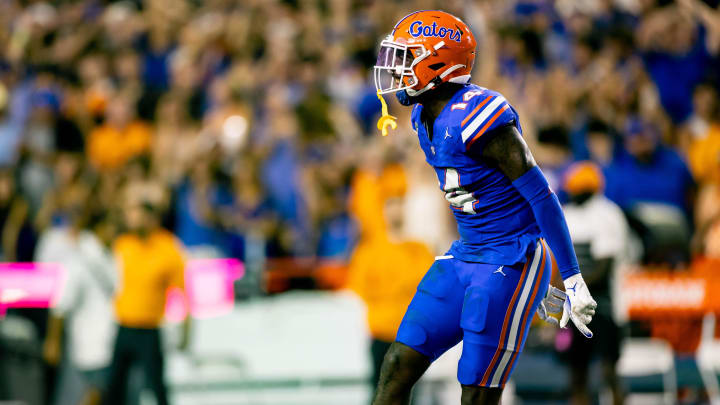 Sep 16, 2023; Gainesville, Florida, USA; Florida Gators safety Jordan Castell (14) celebrates during the second half against the Tennessee Volunteers at Ben Hill Griffin Stadium. Sep 16, 2023; Gainesville, Florida, USA; Florida Gators safety Jordan Castell (14) celebrates during the second half against the Tennessee Volunteers at Ben Hill Griffin Stadium.