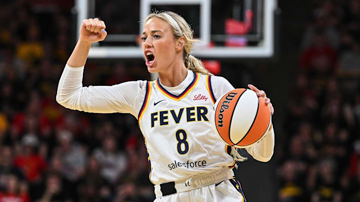 May 4, 2025; Iowa City, IA, USA; Indiana Fever guard Sophie Cunningham (8) reacts during the third quarter against the Brazil National Team at Carver-Haweye Arena. Mandatory Credit: Jeffrey Becker-Imagn Images