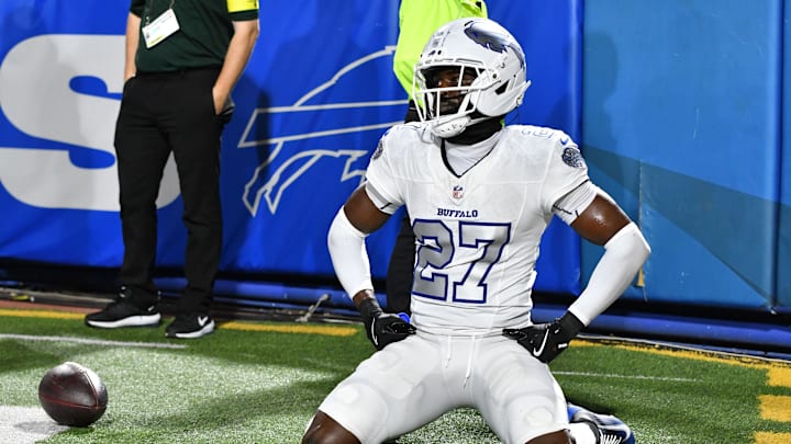 Oct 5, 2025; Orchard Park, New York, USA; Buffalo Bills cornerback Tre'Davious White (27) reacts against the New England Patriots during the first half Oct 5, 2025; Orchard Park, New York, USA; Buffalo Bills cornerback Tre'Davious White (27) reacts against the New England Patriots during the first half